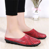 Women's Genuine Leather Hollow Slip On Backless Loafers for Summer