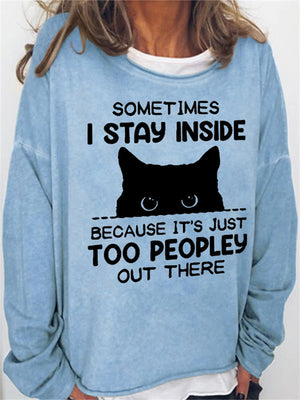 Women's Leisure Black Cat Print Long Sleeve Pullover Tops