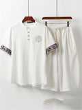 Loose Fit 2-Piece Outfit Notched Neck Retro Button Totem Print Short Sleeve Top + Drawstring Cropped Pants