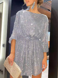 Pretty Shiny Beaded Crew Neck Lantern Sleeve Women's Cocktail Dress