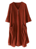 Ladies Ruffle Half Sleeve V Neck Pullover Large Pockets Dress