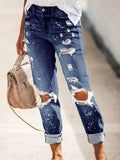 Women's Stretch Wash Effect Ripped Straight-Leg Street Style Jeans