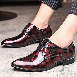 Men's Trendy Mini Floral Front Lace Up Bright PU Dress Shoes