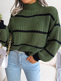 Casual Half Collar Lantern Sleeve Stripe Knitted Sweater For Women