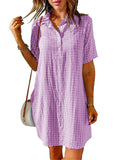 Solid Color Lapel Plaid Short Sleeve Dresses