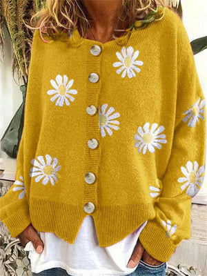 Daisies Printed Round Neck Buttons-Up Cardigans