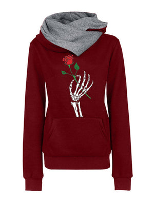 New Rose And Skeleton Hand Printed Long Sleeve Hoodies