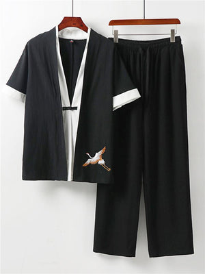 Casual Oversize Comfy Two-Piece Outfit Embroidery T-Shirts + Full-Length Drawstring Pants