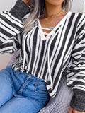 Unique V Neck Vertical Striped Lantern Sleeve Female Sweater