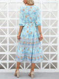 Women's Hawaiian Floral Printed V Neck 3/4 Sleeve Flowy Boho Dress