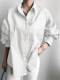 Casual Puff Sleeve Single Breasted Loose Shirt for Office Lady