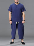 Loose Fit Linen 2-Piece Round Neck Button T-Shirt + Drawstring Cropped Pants