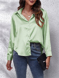 Super Soft Lapel Button Long Sleeve Silky Blouses for Office Lady