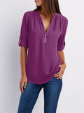 Women's V-neck Zipper Chiffon Shirts