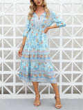 Women's Hawaiian Floral Printed V Neck 3/4 Sleeve Flowy Boho Dress