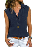 Womens Summer Casual Lapel Collar Button Front Sleeveless Blouses