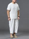 Loose Fit Linen 2-Piece Round Neck Button T-Shirt + Drawstring Cropped Pants