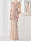 Graceful Patchwork Design Sexy Slim Contrast Color Sequins Evening Dresses