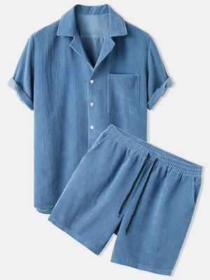 Corduroy Short Sleeve Shirts +Shorts Sets