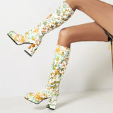 Trendy Colorful Floral Printed Thick Heel Long Boots