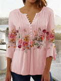 Summer Floral Print 3/4 Sleeve V-neck Pleated Pullover Tops