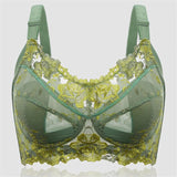 Flower Embroidered Jacquard Wireless Lace Bras - Green