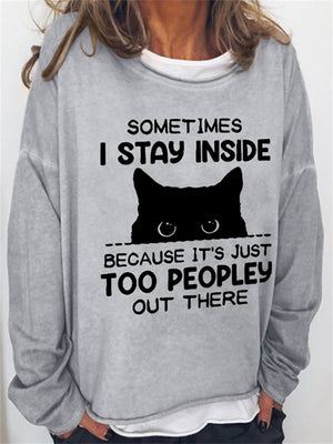 Women's Leisure Black Cat Print Long Sleeve Pullover Tops