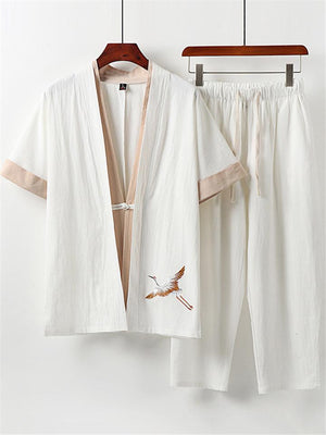 Soft Linen Comfy 2-Piece Outfit Embroidery Shirts + Drawstring Pocket Cropped Pants