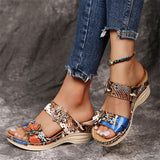 Female Vacation Floral Leopard Print Wedge Heels Slip On Sandals