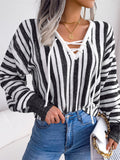 Unique V Neck Vertical Striped Lantern Sleeve Female Sweater