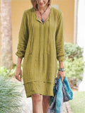 Spring Plain V Neck Lace Up Long Sleeve Female Knee Length Dress