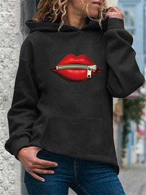 Women's Trendy Zipped Lips Print Long Sleeve Pullover Hoodies