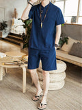 Lightweight Linen Two-Piece Outfit Wrap Neck T-Shirt + Elastic Waistband Knee-Length Pants