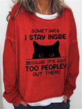 Women's Leisure Black Cat Print Long Sleeve Pullover Tops