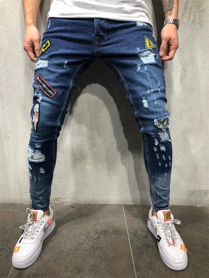 Men Slap-up Frayed Hand Painted Patchwork Jeans