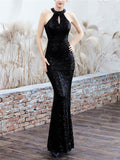 Shiny Sequined Halter Neck Maxi Mermaid Dress for Evening