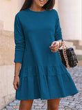 Ladies Long Sleeve Home Round Neck Ruffled Short Dresses