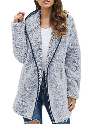 Ladies Casual Solid Color Hooded Plush Fleece Coats