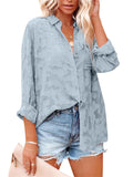 Hollowed-Out Buttons-Up Long Sleeve Chiffon Blouses