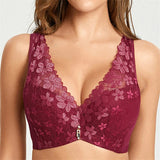 Women's Floral Lace Push Up Gather Bras - Wine Red