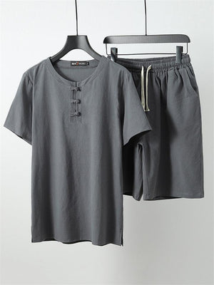 Mens Vintage Loose Solid Color Cotton&Linen Short Sleeve T-Shirts+Shorts