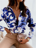 Women's Trendy Turn Down Collar Long Sleeve Printed Office Blouses