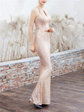 Shiny Sequined Halter Neck Maxi Mermaid Dress for Evening