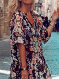 V-Neck Floral Printed Half Sleeve Long Dresses