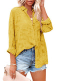 Hollowed-Out Buttons-Up Long Sleeve Chiffon Blouses