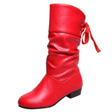 Women's Campus Round Toe Low Heels Ribbon Mid-Calf Knight Boots