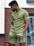 Mens Solid Color Casual Comfy Short Sleeved T-Shirts+Shorts