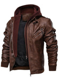 Men's Fashion Zip Up Hooded PU Leather Jacket Outerwear