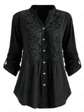 Ladies Summer Lace Patchwork V Neck Roll Up Long Sleeve Blouses