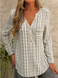 Spring Casual Vertical Stripe V Neck Long Sleeve Loose Female Shirts